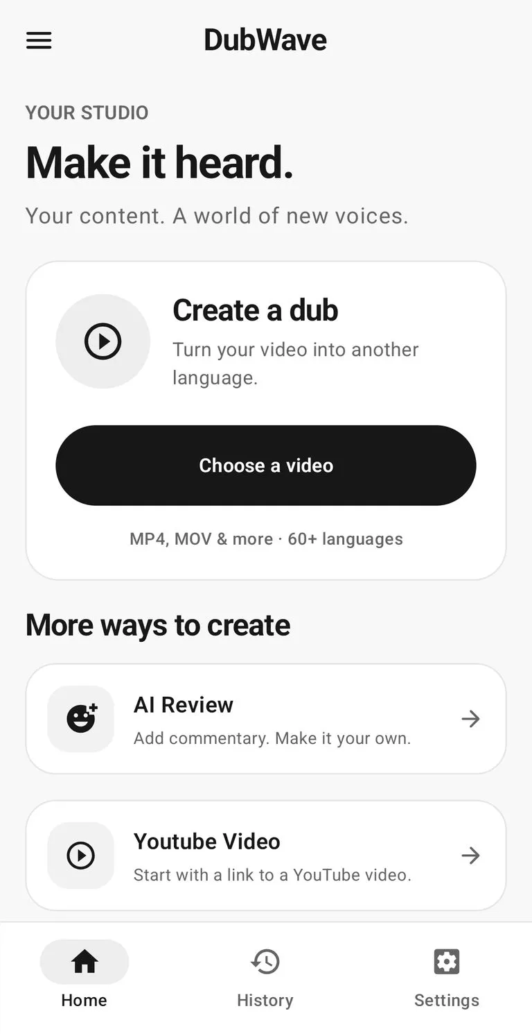 DubWave studio home screen with Create a dub, AI Review, and YouTube video options