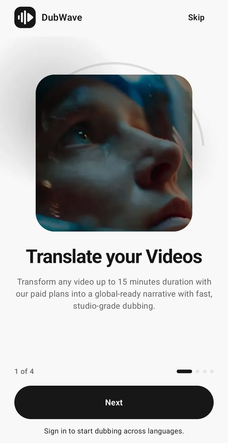 DubWave onboarding screen for translating videos up to 15 minutes with paid plans