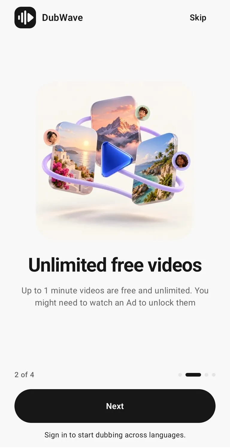 DubWave onboarding screen for unlimited free videos up to 1 minute