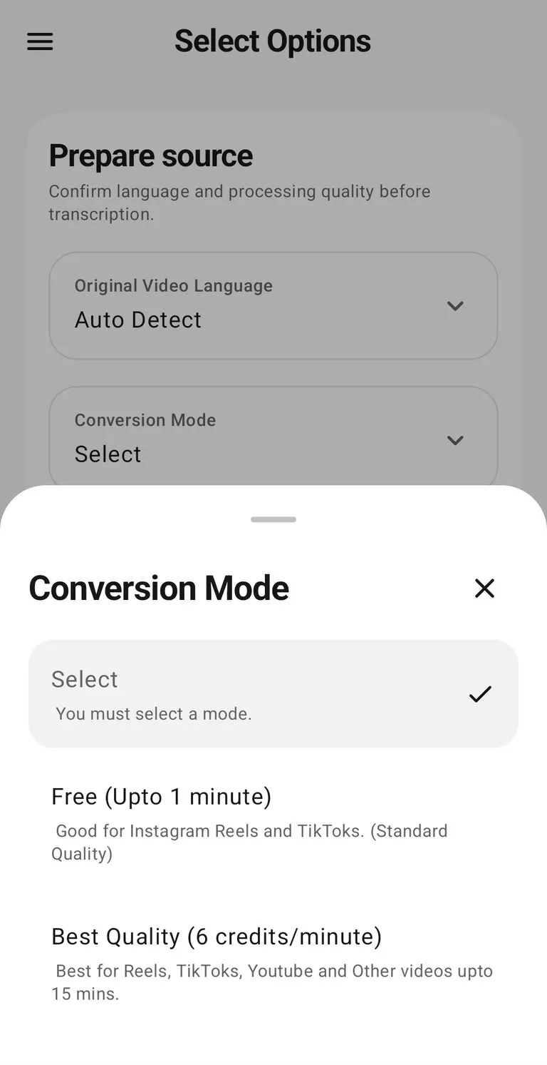 DubWave conversion mode options showing Free up to 1 minute and Best Quality at 6 credits per minute