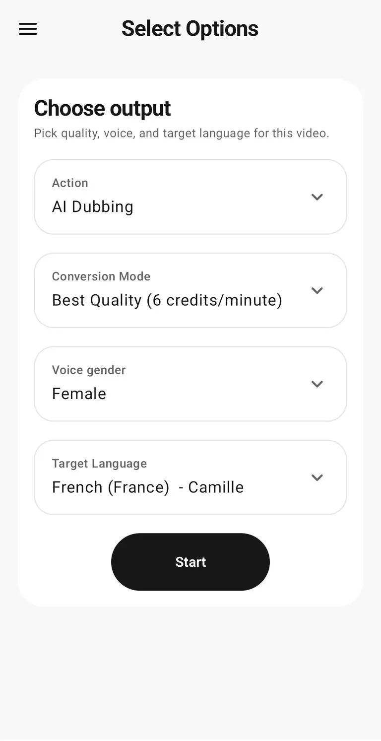 DubWave output options screen with AI dubbing, Best Quality mode, female voice, and French language selected