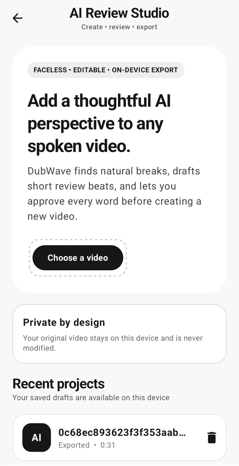 DubWave AI Review Studio screen for adding AI commentary to spoken videos
